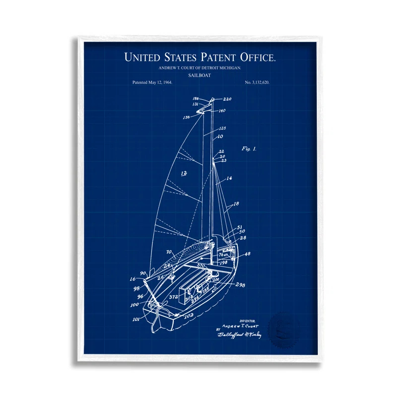 Stupell Industries " Sailboat Watercraft Blue Patent Office Diagram Blueprint " by Karl Hronek