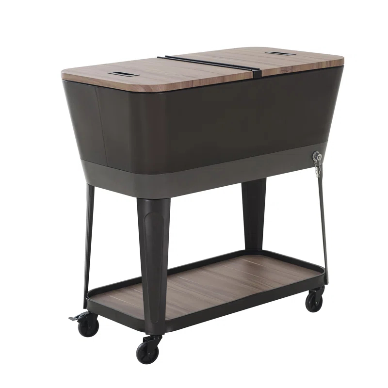 Sunjoy Durant 80-Quart Wood Grain Finish Metal Rolling Ice Chest Cooler Cart with Storage Shelf, Steel Bottle Opener, and Lockable Wheels
