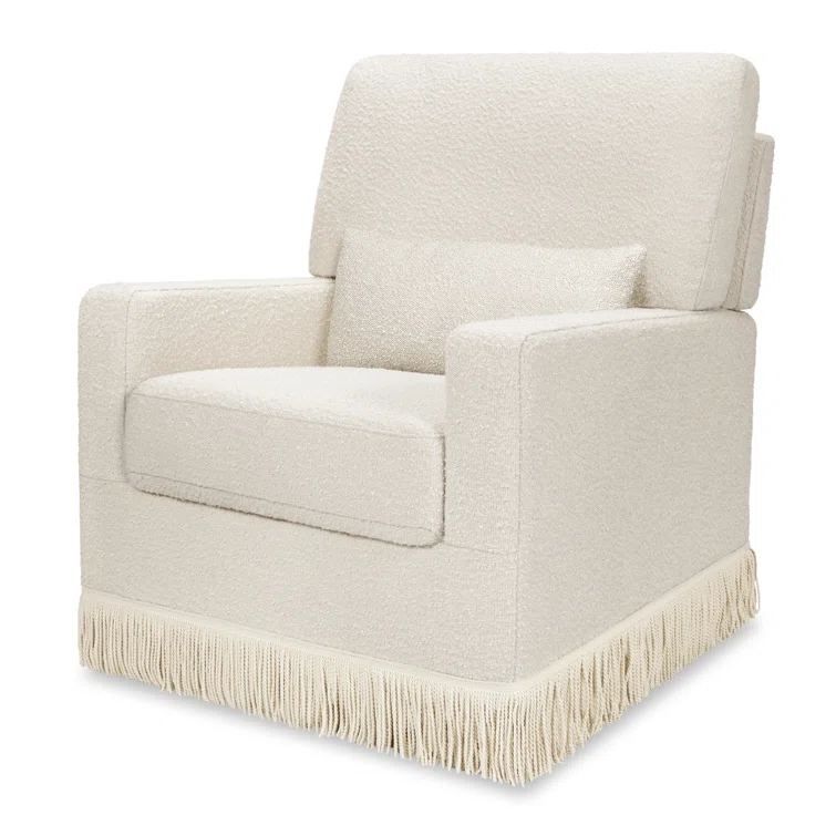 Namesake Crawford Pillowback Comfort Swivel Glider - Ivory Boucle with Ivory Tassel Fringe