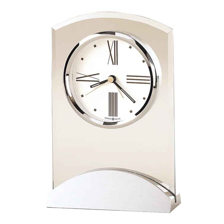 Howard Miller® Tribeca Modern & Contemporary Roman Numeral Glass Quartz Movement / Crystal Tabletop Clock with Alarm in Polished Silver/Clear