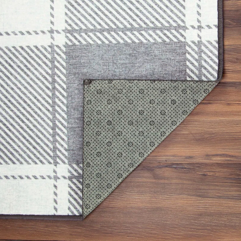 My Magic Carpet Buffalo Plaid Grey And White Plaid Flatweave Brown/Ivory Washable Area Rug | Wayfair