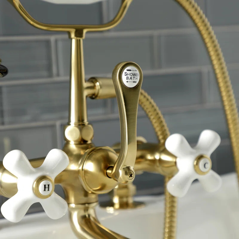 Kingston Brass Aqua Vintage Three-Handle 2-Hole Deck Mount Clawfoot Tub Faucet with Hand Shower