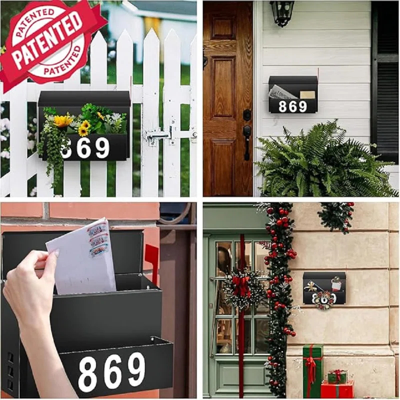 RIZPET Wall-Mount Mailbox With Flag, Large Capacity Mailboxes For Outside House With Planter & 3 Sets Of 0-9 Mailbox Number Stickers, Galvanized Steel Rust-Proof Post Box Metal Mail Box, 9.8"H