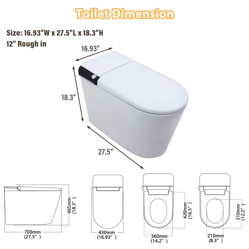 CASAINC CA-MT018U1 Smart Tankless Bidet Toilet,Elongated Heated Seat,Auto Open/Close,Warm Wash/Dryer,Foot Sensor Flush