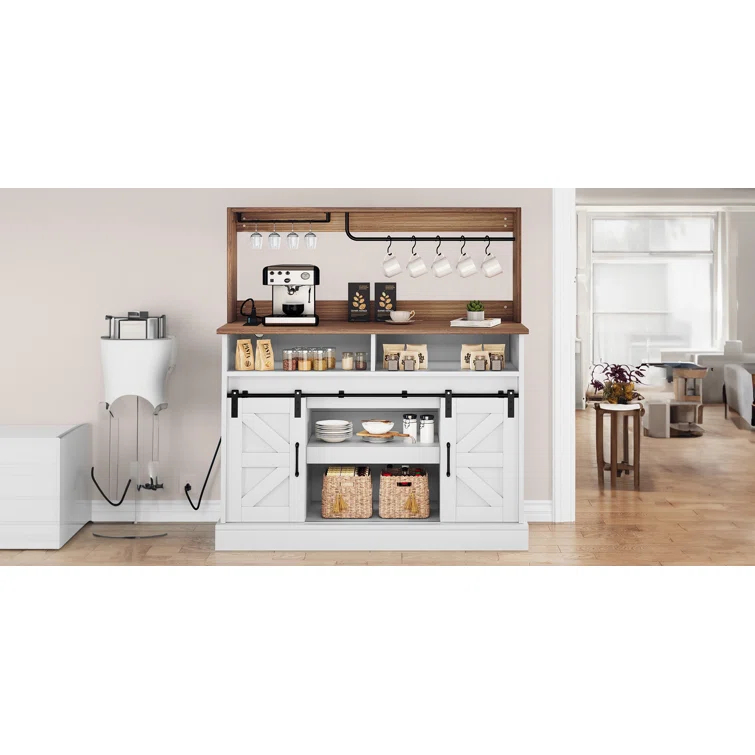 Gracie Oaks Gracie Oaks Farmhouse Coffee Bar Cabinet with Power Outlets, Goblet Holder & Sliding Barn Doors