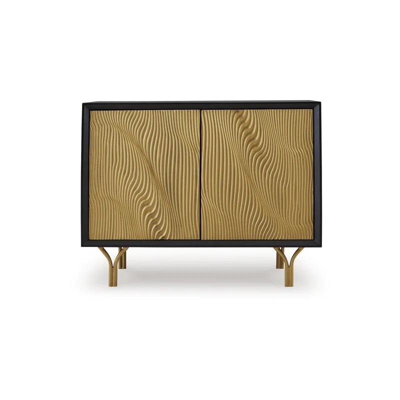 Benjara Yien Sideboard Console, 2 Carved Doors, Gold Legs, Black Wood 40 Inch