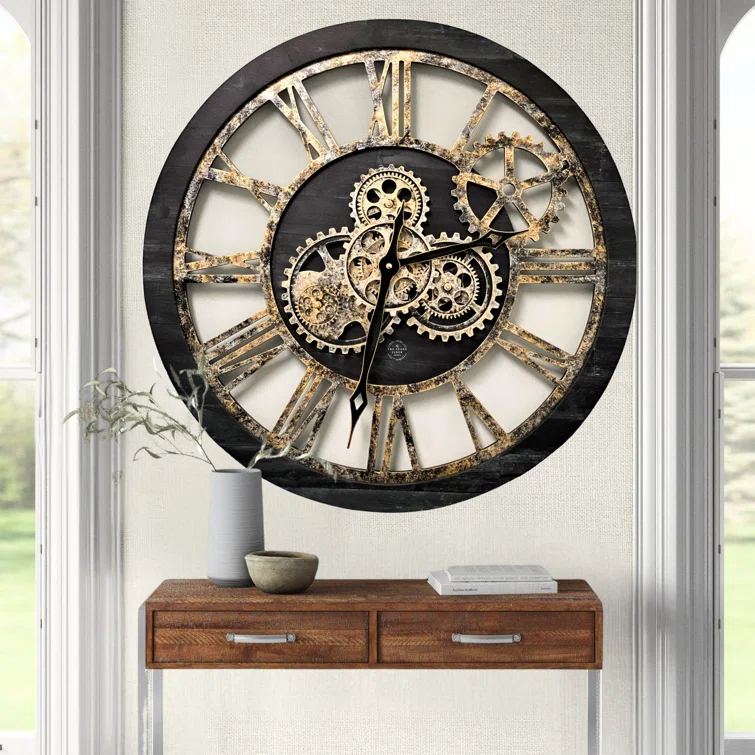 The Gears Clock Wall Clock 24" Round Oversized for Living Room decor with Real Moving Gears America Collection