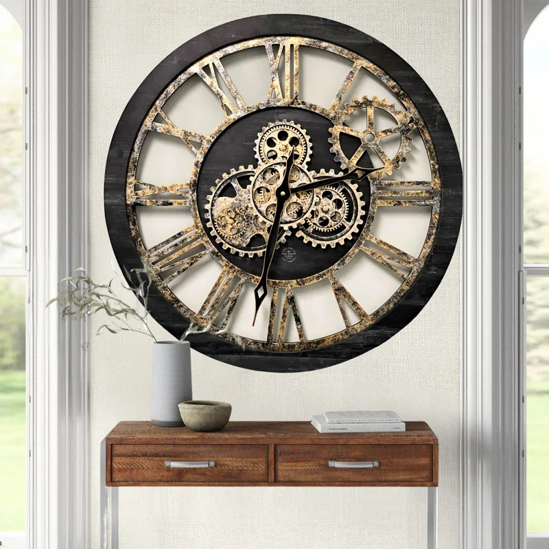 The Gears Clock Wall Clock 24" Round Oversized for Living Room decor with Real Moving Gears America Collection