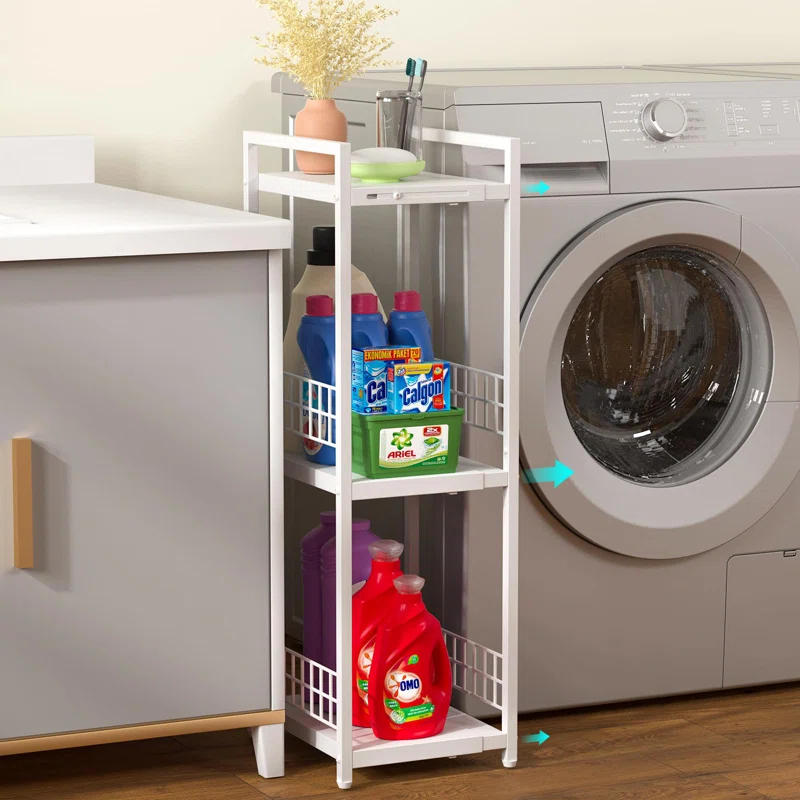 Expandable Slim Storage Shelf, 3 Tier Metal Shelving Unit For Bathroom Storage Organizer, Free-Standing Narrow Shelf, Open Floor Shelves For Small Spaces,Laundry,Bathroom,Kitchen, White