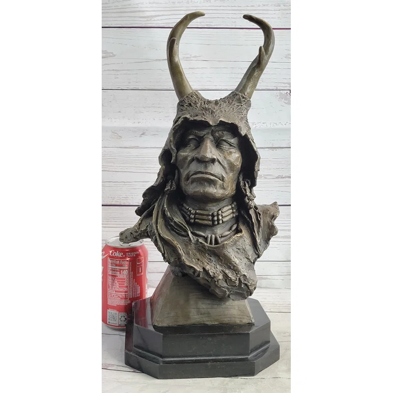 Canora Grey Native American Indian Shaman Man In Antler Headdress Bronze Sculpture Statue On Marble Base