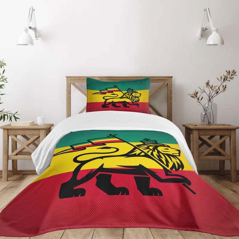 Ambesonne Ambesonne Rasta Bedspread Set Cultural Lion Rastafari Flag Yellow and Black