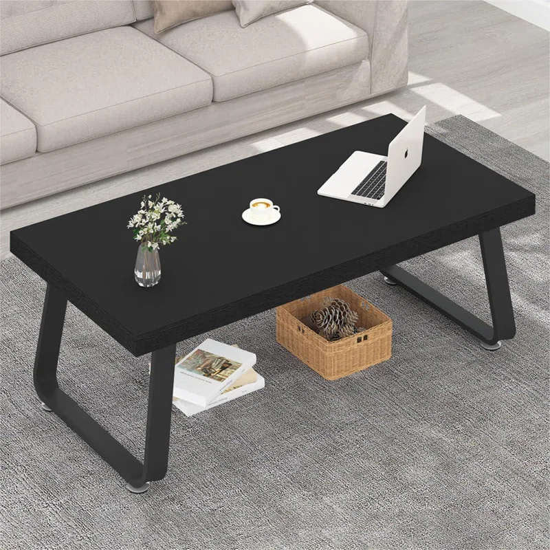 Latitude Run® Black Coffee Table, Industrial Wood And Metal Legs Center Table, Black Oak, 47 Inch