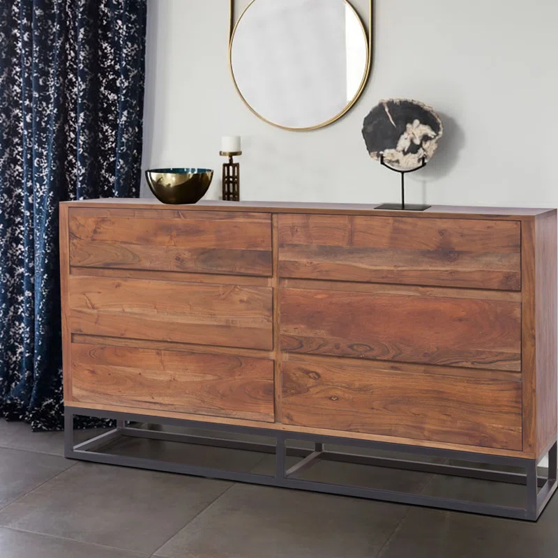 Birch Lane™ Pantai Modern Acacia Wood Dresser or Display Unit With Metal Base, Walnut Brown and Black