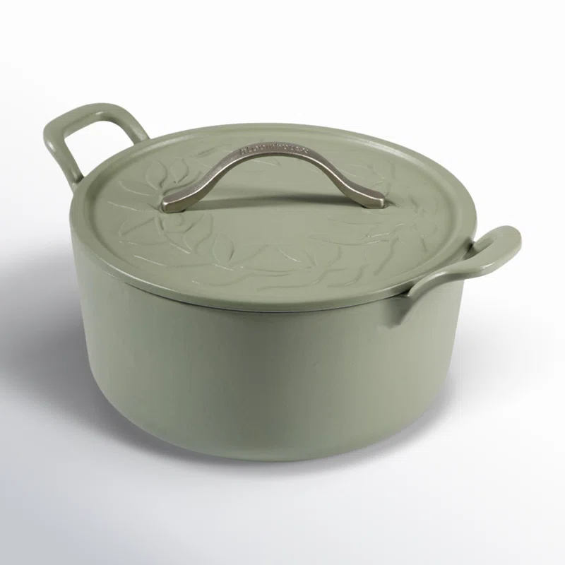 Bloomhouse 7 Qt Cast Iron Dutch Oven w/ Lid, European Enamel, & Walnut Wood Trivet - Oat White
