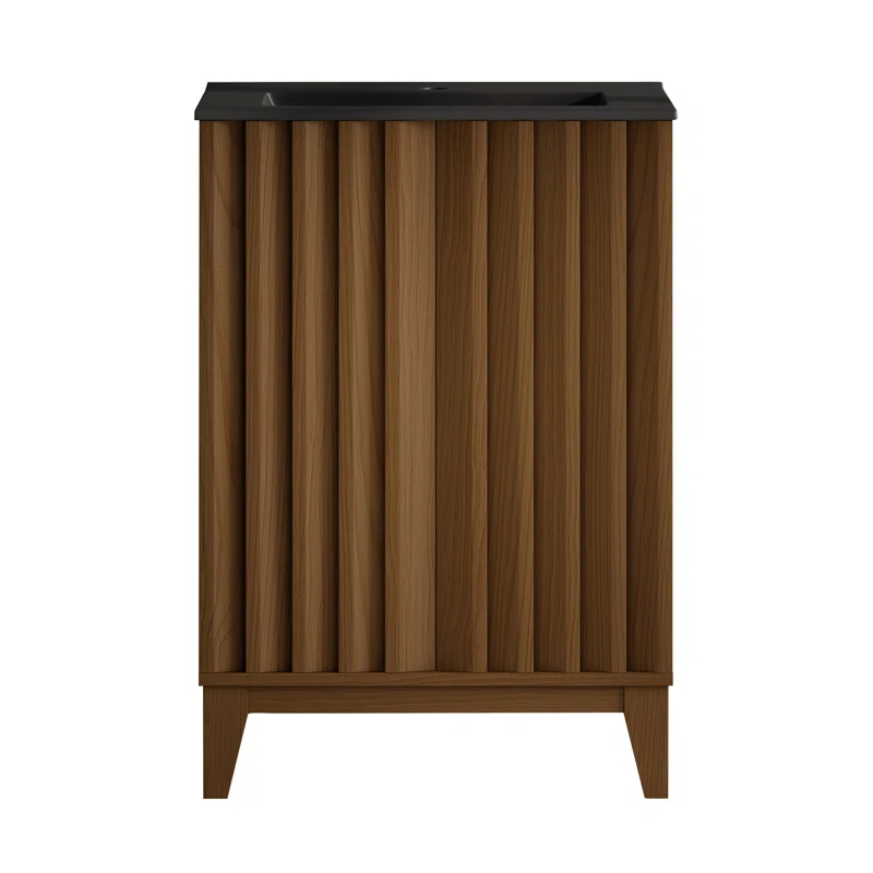 Swiss Madison Troyes 24" Freestanding Bathroom Vanity In Brown Oak With Black Sink Top