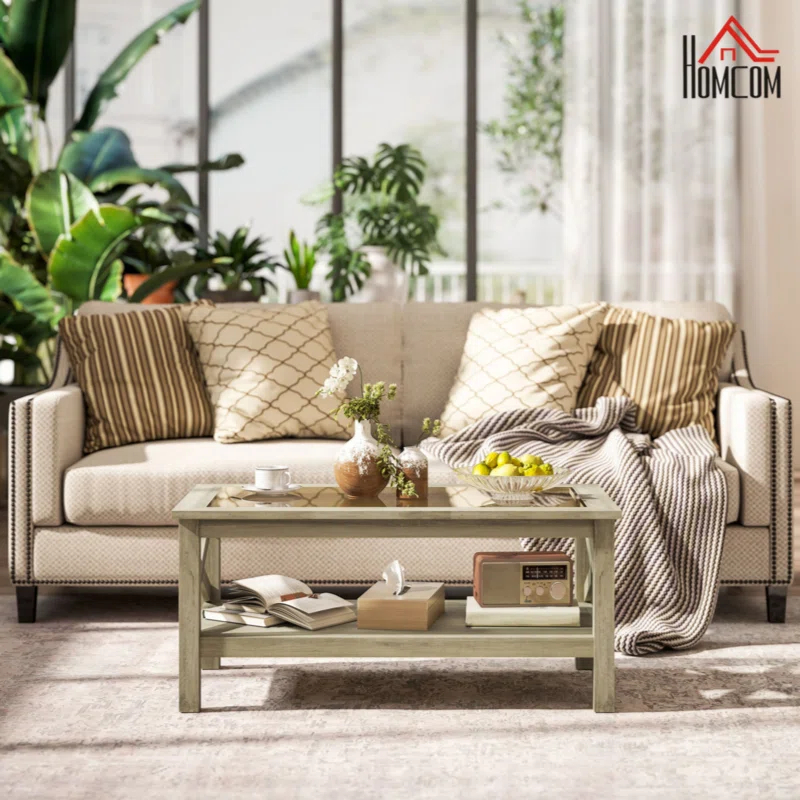 Gracie Oaks Glass Coffee Table, Modern Farmhouse Center Table With Storage, Side Table For Living Room With Classic X-Bar Style Sides