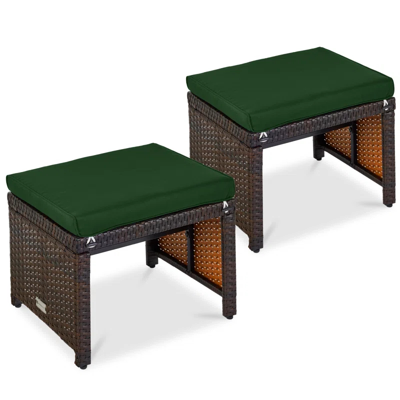 Dovecove Set Of 2 Multipurpose Patio Wicker Ottomans W/ Removable Cushions - Midnight Green/Brown