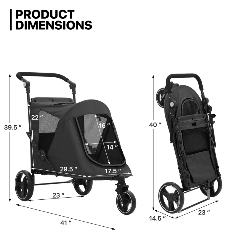Folding 3 Wheel Pet Stroller, Foldable Dog Jogger Stroller with Adjustable Handlebar and Mesh Window