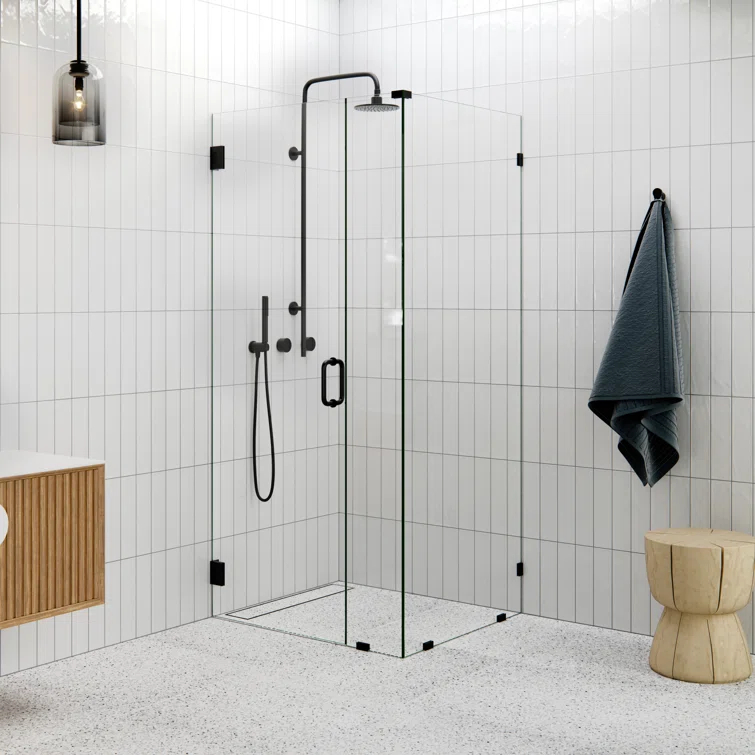 Glass Warehouse 37 in. x 32 in. x 78 in. 90-Degree Wall Hinged Fully Frameless Glass Shower Enclosure 90-WH-37-32-MB