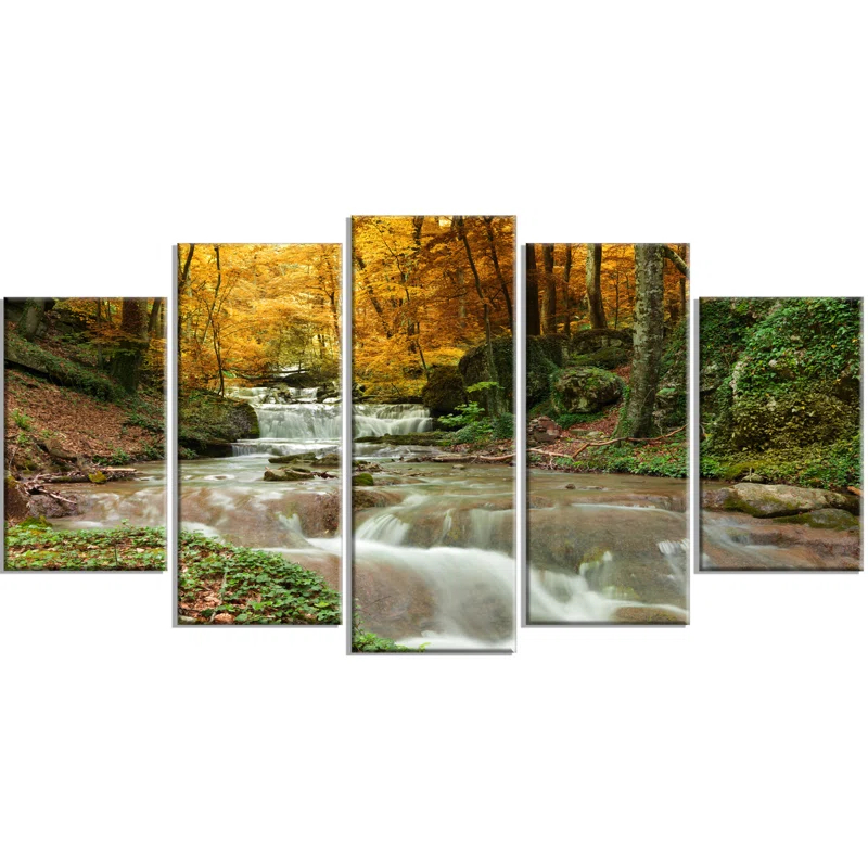" Forest Waterfall With Yellow Trees " 5 - Pieces
