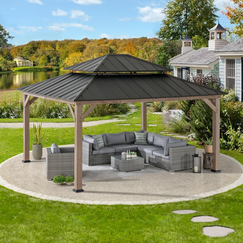 Sunjoy Sunjoy 13 x 15 ft. Wood Gazebo, Outdoor Patio Steel Hardtop Gazebo, Cedar Framed Wooden Gazebo with 2-Tier Metal Roof, Suitable for Patios, Lawn and Backyard