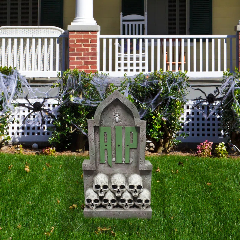 Haunted Hill Farm Haunted Hill Farm 2 ft. RIP Tombstone with Skulls, Pre-Lit LED RIP and Skull Eyes Gothic Décor