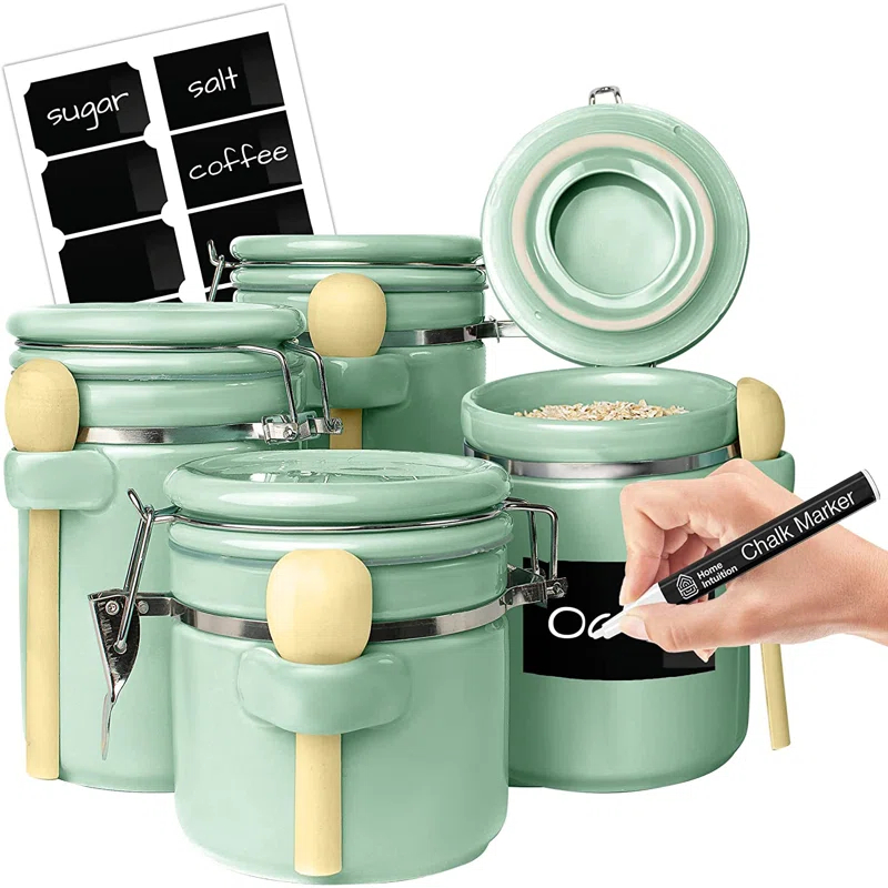 Home Intuition Home Intuition Ceramic Kitchen Canisters Set of 4 with Wooden Spoons Reusable Chalk Labels, Coffee, Tea (Turquoise)