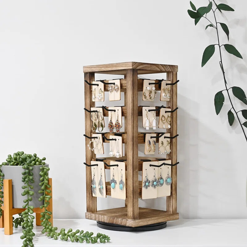Latitude Run® Design Exquisite Rotating Jewelry Tower- Natural Wood Finish- Showcase And Organize Your Collection With 42 Hooks- Easy Earring Display Stand- 5 Bars On Each Face For Maximum Storage -Oak Color
