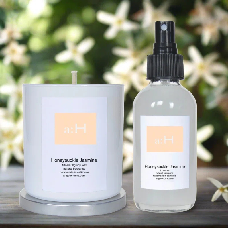 ANGELOHOME A:H Honeysuckle Jasmine Scented Candle With Room Spray Candle with Glass Holder