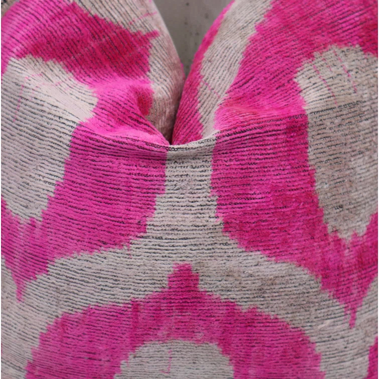 Vibrant Pink and Beige Velvet Geometric Trellis Throw Pillow