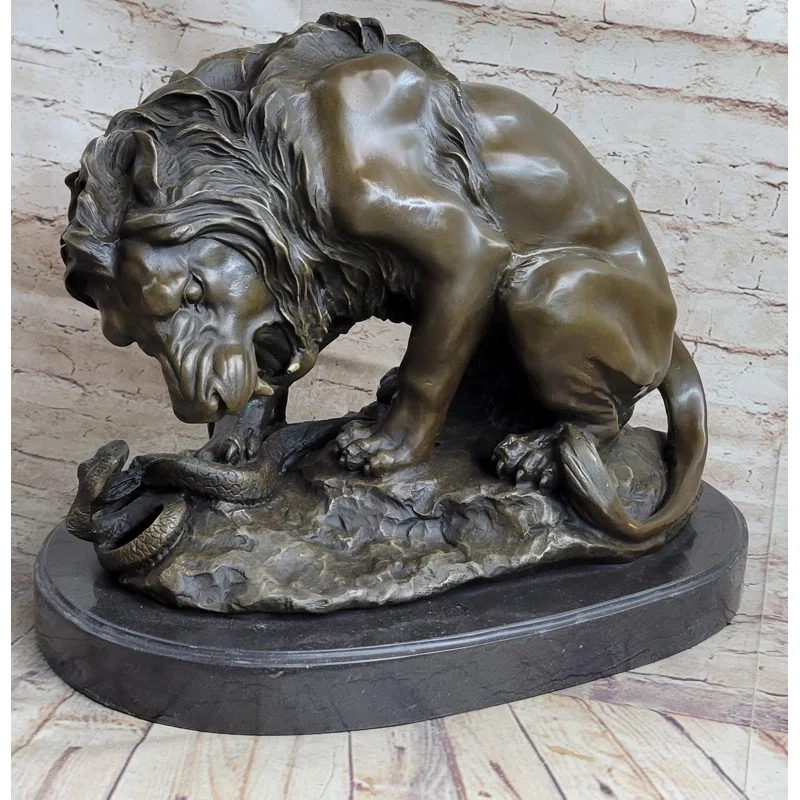 Bungalow Rose Lion Vs. Imitative Snake Bronze Statue Sculpture Figure By Antoine Barye On Marble Base