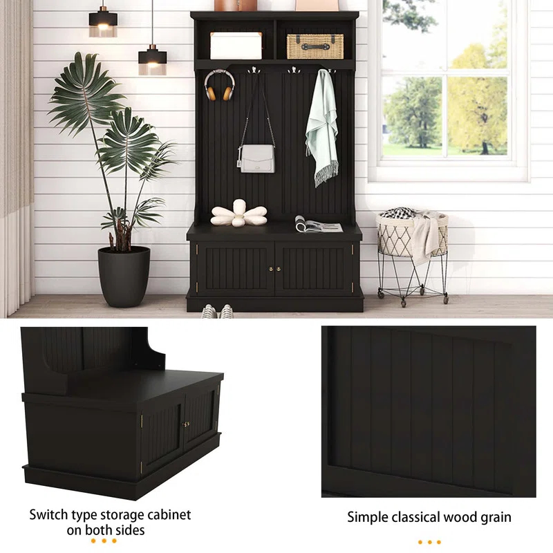 Infinity Hall Tree with Storage Shoe Bench for Entryway and Hallway, 4-in-1 Design Coat Racks with 4 Hooks for Living Room, Black