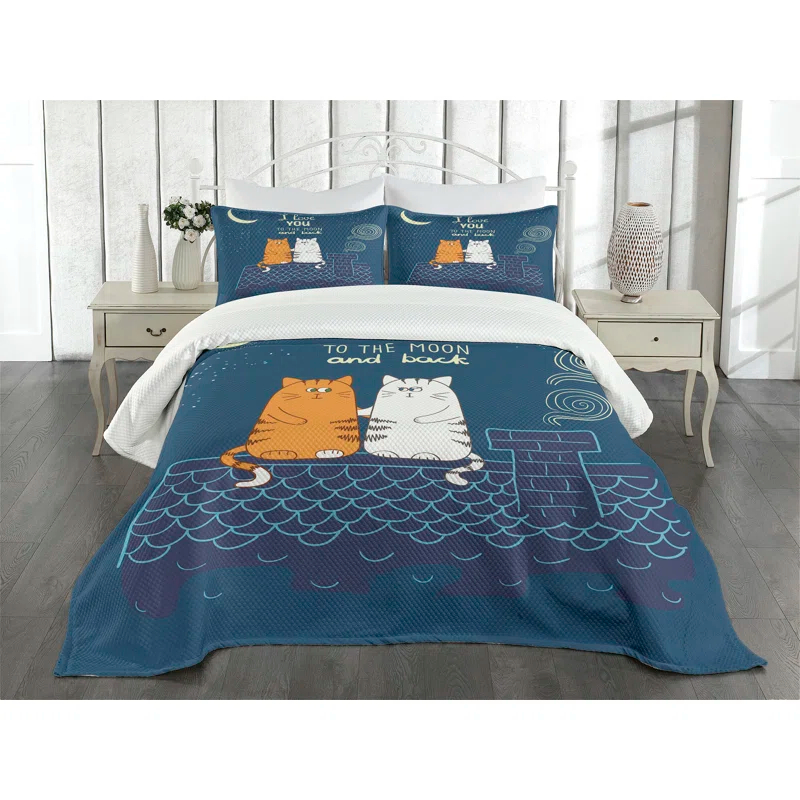 Ambesonne I Love You Bedspread Set Love Cats on Roof Petrol Blue Ivory