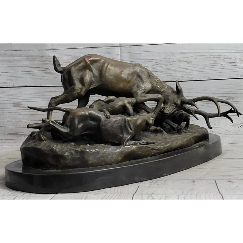 Red Barrel Studio® Sherrie Elk Stag Is Attacked By Pack Of Wild Dogs Bronze Sculpture Statue Antoine Barye Art Decor