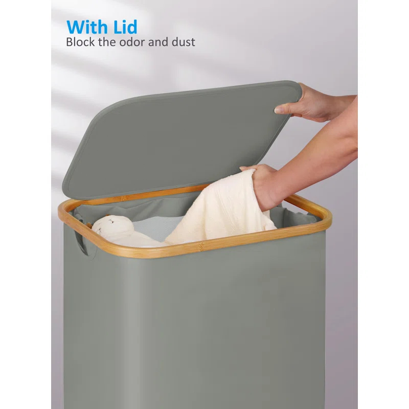 Hokku Designs Laundry Basket On Wheels With Lid And Removable Bag, Grey