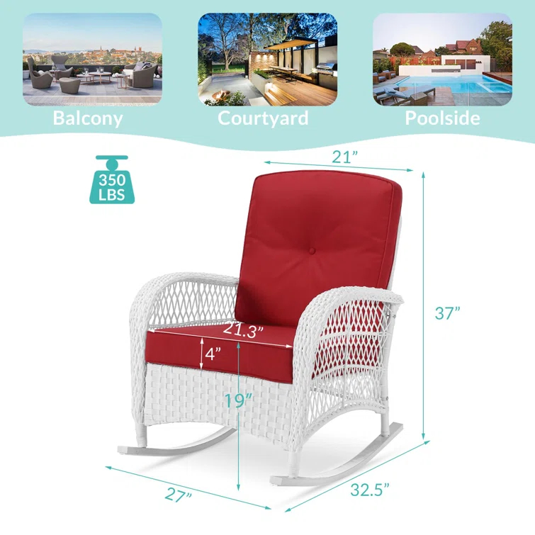 Beachcrest Home™ Beachcrest Home Outdoor Wicker Rocking Chairs Set Of 2, Rattan Patio Rocker Chairs With Thick Cushions And High Back, All-Weather Patio Wicker Chair With Safe Rocking Design For Garden, White Wicker