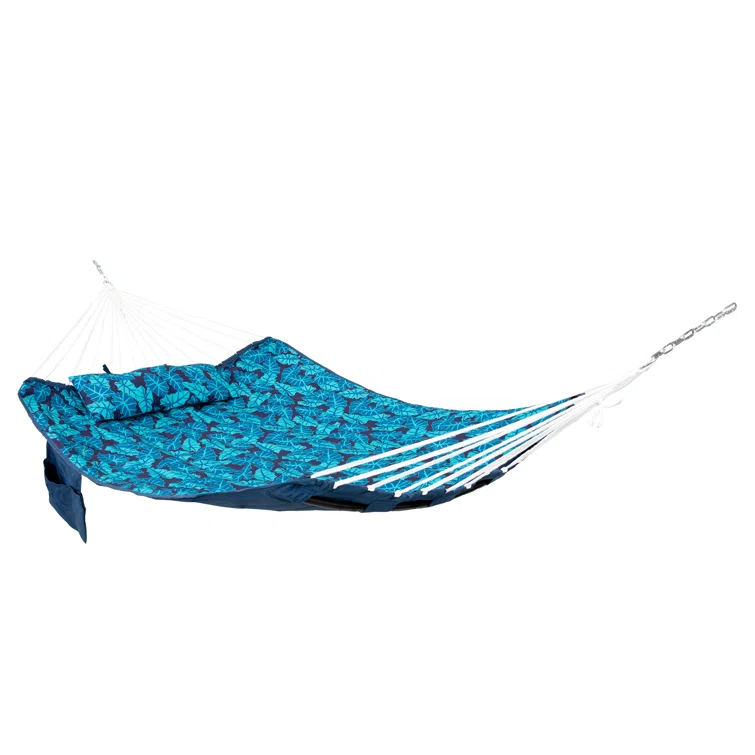 Arlmont & Co. Peria Quilted Polyester Curved Metal Spreader Bar Hammock with Pillow - Tropical Palms