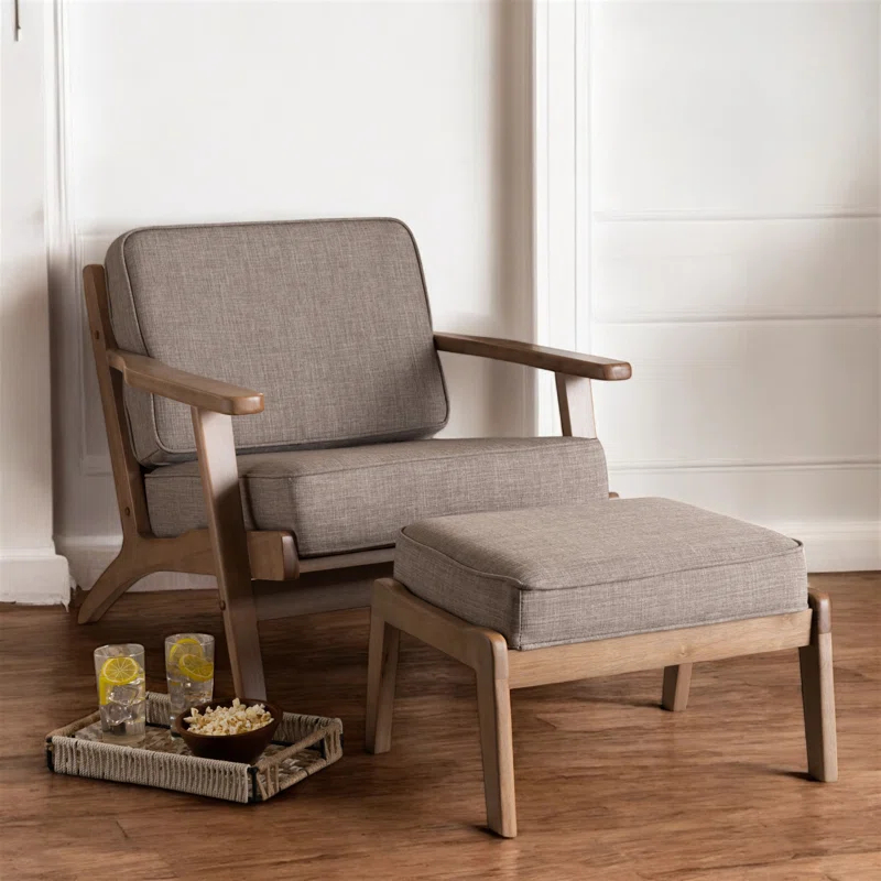 George Oliver Emsworth Mid-Century Modern 2-Piece Antique Oak Finished Armchair and Ottoman Set in Light Grey Fabric