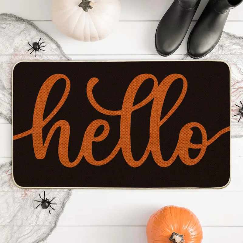 Black Orange Hello Halloween Doormat, Home Decor Low-Profile Switch Rug Door Mat Floor Mat For Indoor Outdoor 17X29 Inch