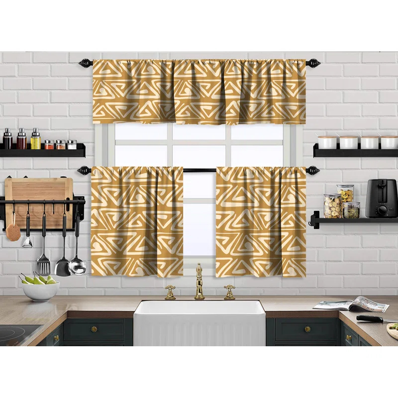 Lilijan Home & Curtain Boho Design Kitchen Valance (50X14) And 2 Tiers Cafe Curtains