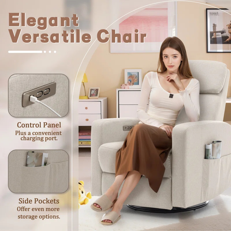 Ebern Designs Power Swivel Recliner Chairs For Adults, Electric Rocking Chair, Glider Recliner Chair With Classified Side Pocket, Rocking Chairs Featuring Type-c And Usb Ports
