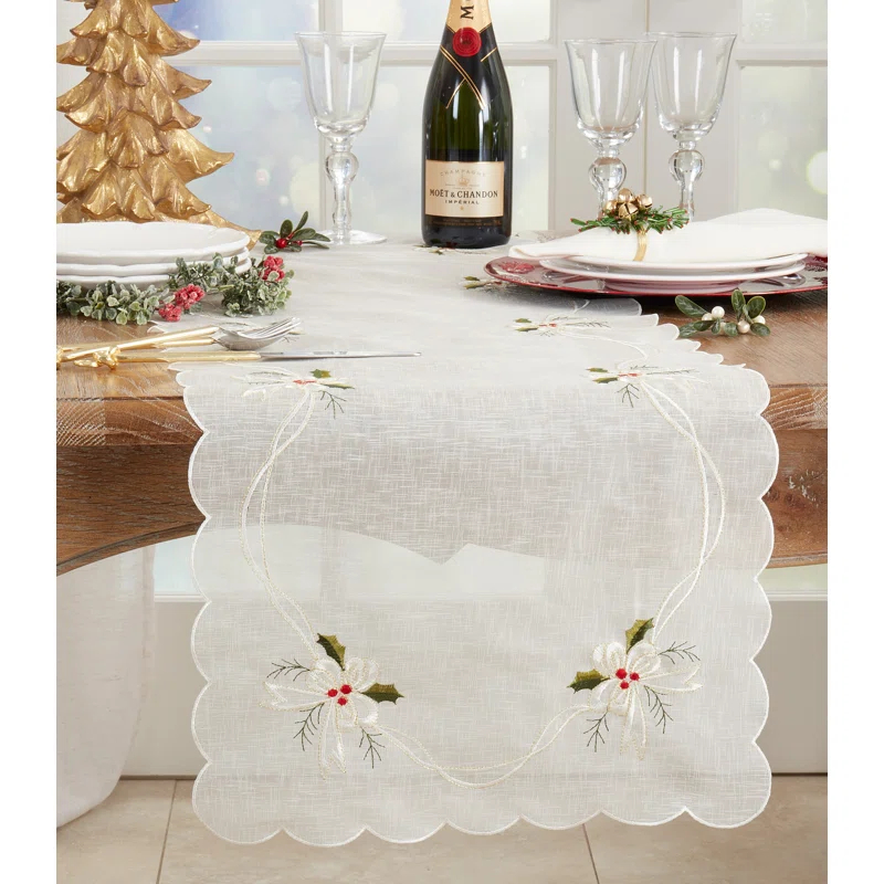 Saro Runner_Holly And Ribbon Design Embroidered Table Runner