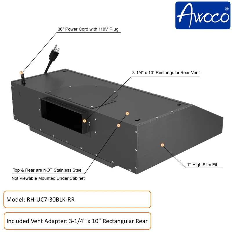 Awoco Awoco 30" Stainless Steel 900 CFM Ducted (Vented) Under Cabinet Range Hood with Baffle Filter