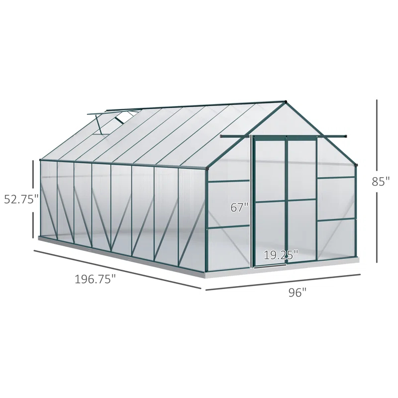 Outsunny 16' X 8' Aluminum Greenhouse Polycarbonate Walk-In Garden Greenhouse Kit With Adjustable Roof Vent, Rain Gutter And Sliding Door For Winter, Clear