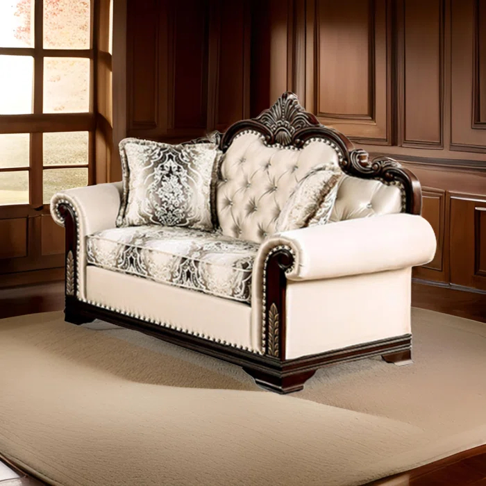 Benjara Catie 66 Inch Loveseat, Beige, Nailhead Trim, Cherry Brown Solid Wood