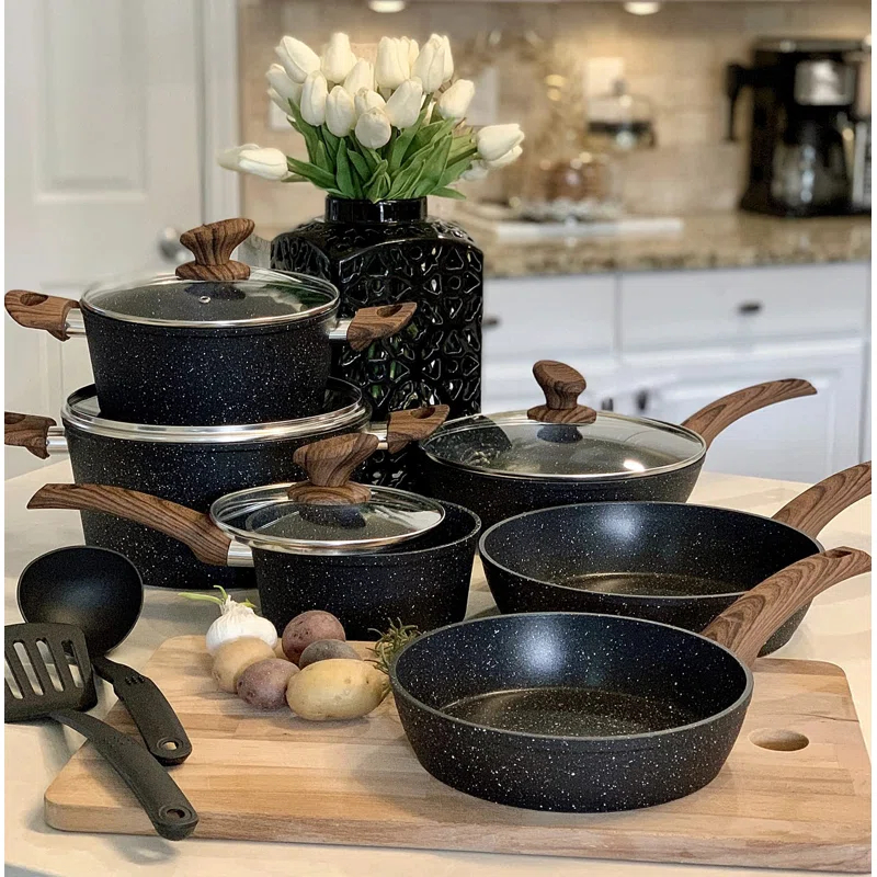 BN-LINKKL Kitchen Academy Induction Cookware Sets - 12 Piece Cooking Pan Set, Granite Black Nonstick Pots And Pans Set