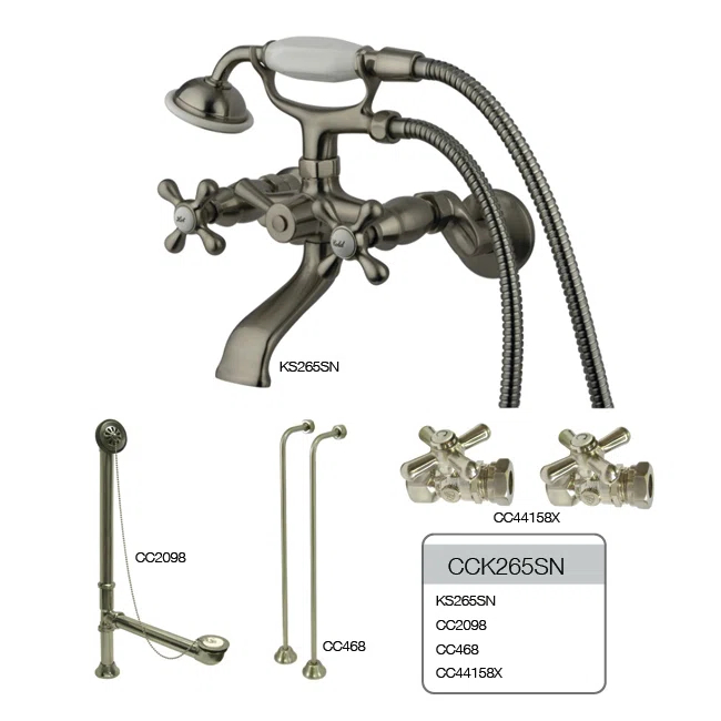 Kingston Brass CCK265SN Kingston Brass Vintage Two-Handle 2-Hole Tub Wall Mount Clawfoot Tub Faucet Package with Supply Line, Hand Shower and Tub Drain