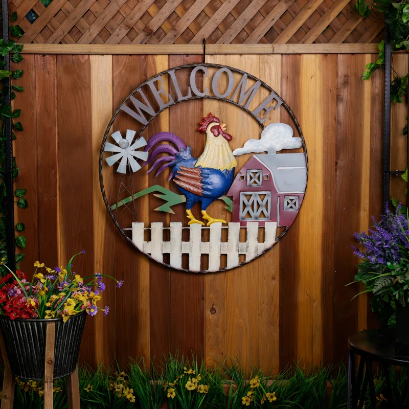 Alpine 30"H Large Round Rooster and Farm Welcome Wall Sign