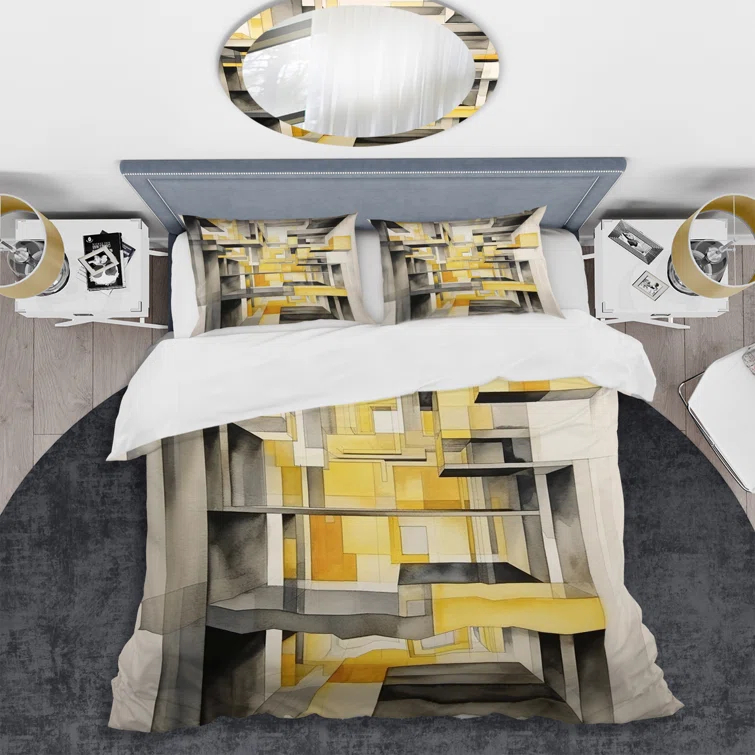 Design Art Yellow and Grey Intersecting Realities II BeddingMicrofiber / Polyester Duvet Cover Set