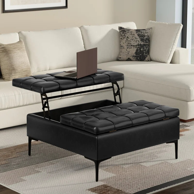 Simpli Home Laura 36"W Upholstered Square Storage Ottoman with Split Lift Top and 2 Storage Compartments